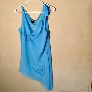 Vanity Sheer Aqua Shoulder Tie Asymmetrical Hem Tk